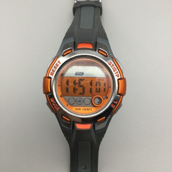 Armitron Pro Sports Watch Men Silver Tone Gray Orange Day Date Timer 50M - Picture 4 of 11